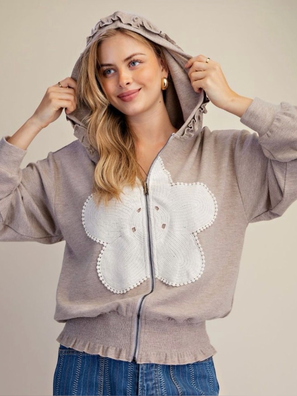 Easel Women’s Taupe Zip Hoodie with White Floral Applique